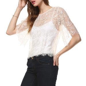 Cream Shimmery Sheer Lace Eyelash Trim Top, Large NWT
